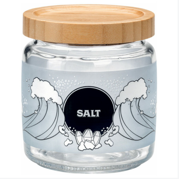 Bocal de conservation en verre 0,75 L avec couvercle en bambou décor sel Bormioli Rocco.