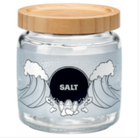 Bocal de conservation en verre 0,75 L avec couvercle en bambou décor sel Bormioli Rocco.