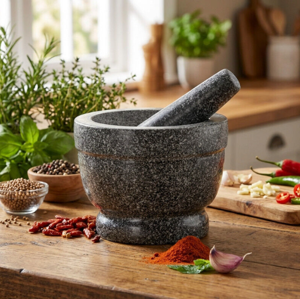 Mortier et pilon en granit gris 16x12 cm Lacor pour broyer épices et herbes en cuisine