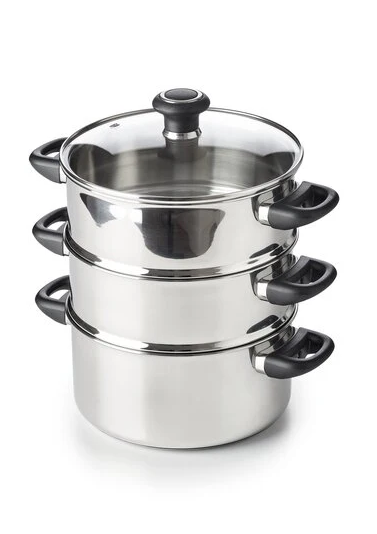 Combiné vapeur Beka Polo inox 20 et 24 cm avec étages de cuisson vapeur et couvercle en verre