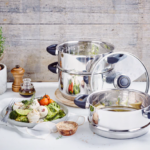 Combiné vapeur Beka Polo inox 20 et 24 cm avec étages de cuisson vapeur et couvercle en verre