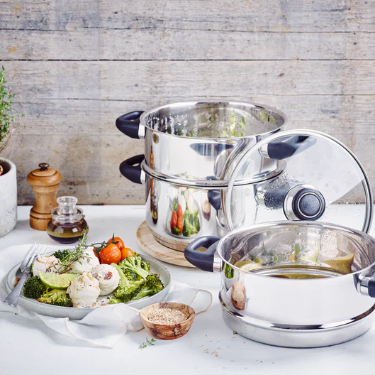 Combiné vapeur Beka Polo inox 20 et 24 cm avec étages de cuisson vapeur et couvercle en verre